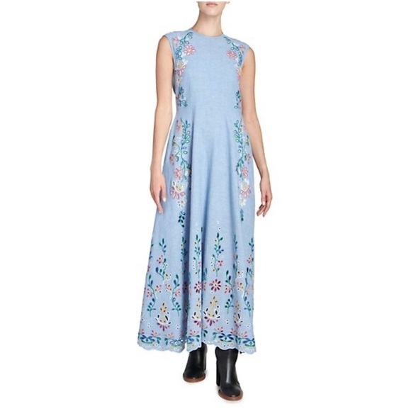 Chloe Dresses & Skirts - Chloé Chambray Embroidered Maxi Dress Downy Blue Eyelet Size 34